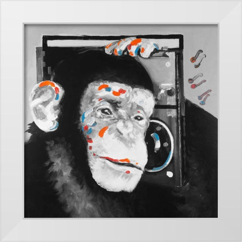 Monkey Listening to Radio White Modern Wood Framed Art Print by Atelier B Art Studio