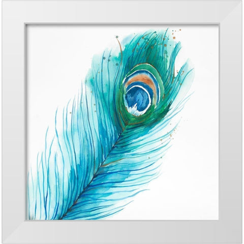 Long Peacock Feather White Modern Wood Framed Art Print by Atelier B Art Studio
