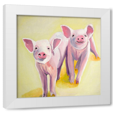 TWO SMILING PIGS White Modern Wood Framed Art Print by Atelier B Art Studio