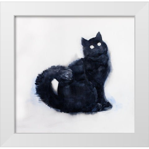 FURRY BLACK WATERCOLOR CAT White Modern Wood Framed Art Print by Atelier B Art Studio