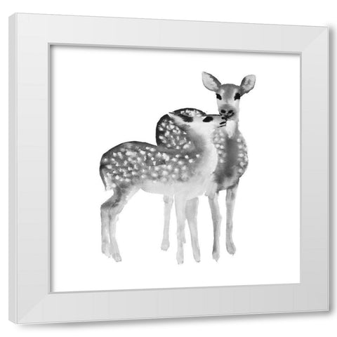 BLACK AND WHITE FAWNS LOVE White Modern Wood Framed Art Print by Atelier B Art Studio