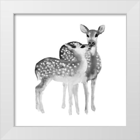 BLACK AND WHITE FAWNS LOVE White Modern Wood Framed Art Print by Atelier B Art Studio