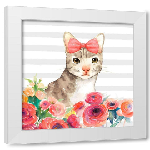 SMALL CAT WITH FLOWERS White Modern Wood Framed Art Print by Atelier B Art Studio
