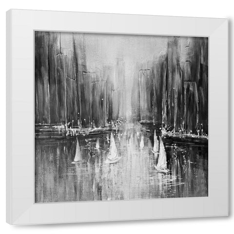 Grayscale boats on the water White Modern Wood Framed Art Print by Atelier B Art Studio