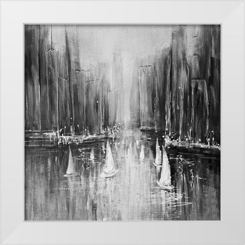 Grayscale boats on the water White Modern Wood Framed Art Print by Atelier B Art Studio