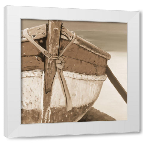 Tied up rowing boat White Modern Wood Framed Art Print by Atelier B Art Studio