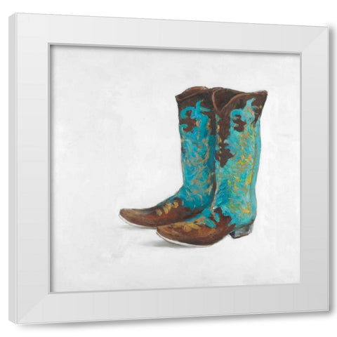 Blue Cowboy Boots White Modern Wood Framed Art Print by Atelier B Art Studio