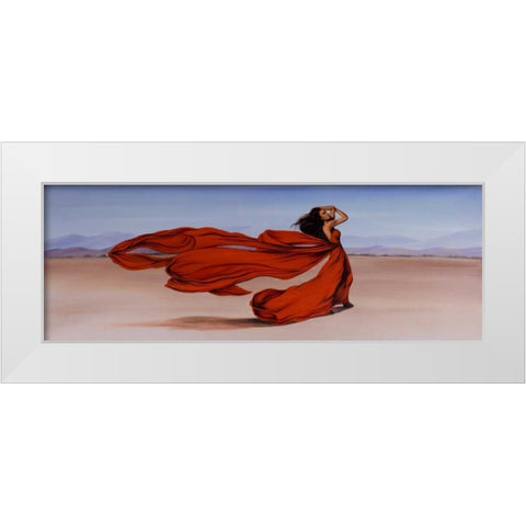 Woman Long Red Dress in the Desert White Modern Wood Framed Art Print by Atelier B Art Studio