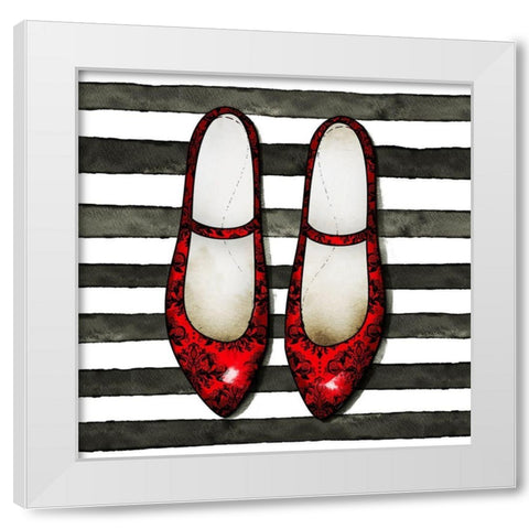 RED GLOSSY SHOES ON STRIPED BACKGROUND White Modern Wood Framed Art Print by Atelier B Art Studio