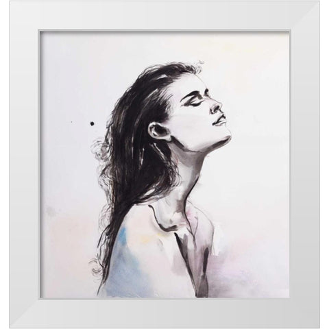 Watercolor Beautiful Woman with Raven Hair White Modern Wood Framed Art Print by Atelier B Art Studio