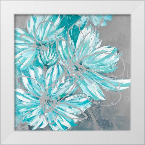 Three Little Abstract Blue Flowers White Modern Wood Framed Art Print by Atelier B Art Studio