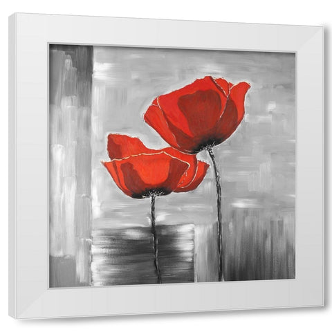 Two Red Flowers on a Grayscale Background White Modern Wood Framed Art Print by Atelier B Art Studio