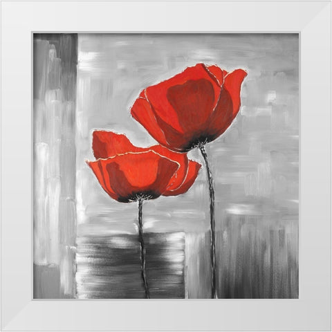 Two Red Flowers on a Grayscale Background White Modern Wood Framed Art Print by Atelier B Art Studio