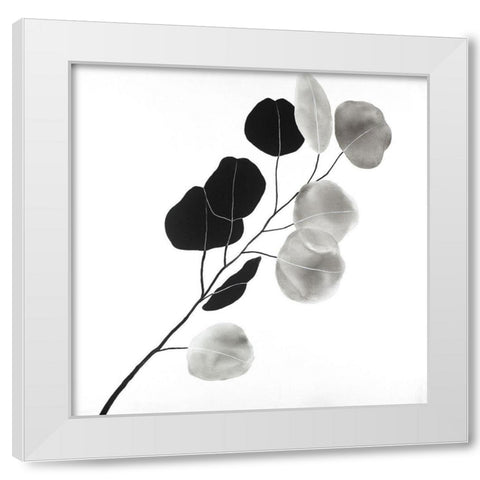 Grayscale Branch with Round Shape Leaves White Modern Wood Framed Art Print by Atelier B Art Studio