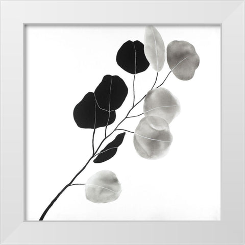 Grayscale Branch with Round Shape Leaves White Modern Wood Framed Art Print by Atelier B Art Studio