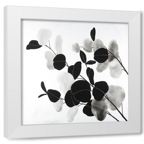 Grayscale Branches with Round Shape Leaves White Modern Wood Framed Art Print by Atelier B Art Studio