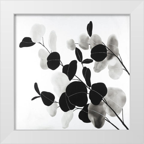 Grayscale Branches with Round Shape Leaves White Modern Wood Framed Art Print by Atelier B Art Studio
