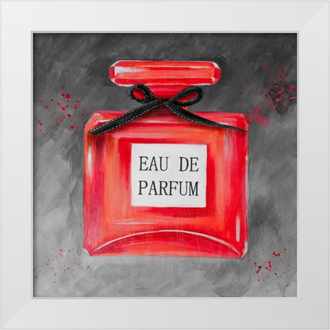 PERFUME RED BOTTLE White Modern Wood Framed Art Print by Atelier B Art Studio
