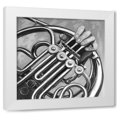Musician with frech horn monochrome White Modern Wood Framed Art Print by Atelier B Art Studio