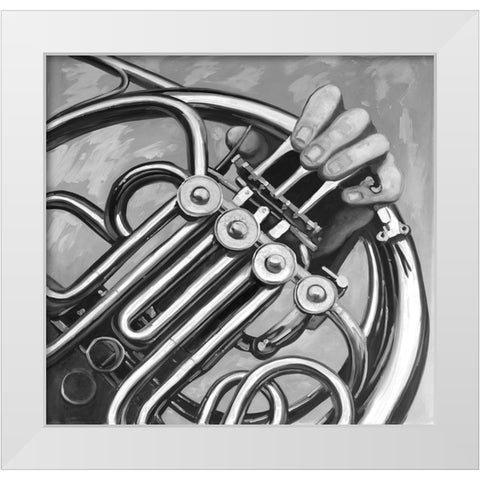 Musician with frech horn monochrome White Modern Wood Framed Art Print by Atelier B Art Studio