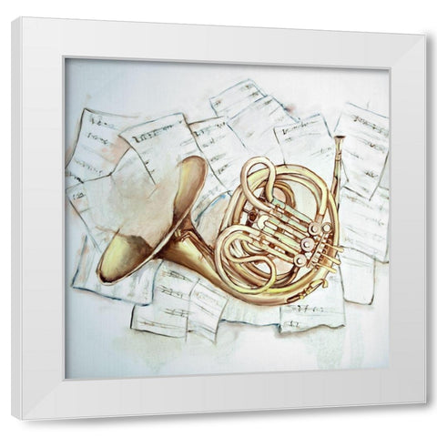 HORN ON MUSIC SHEET White Modern Wood Framed Art Print by Atelier B Art Studio