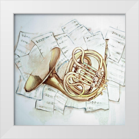 HORN ON MUSIC SHEET White Modern Wood Framed Art Print by Atelier B Art Studio