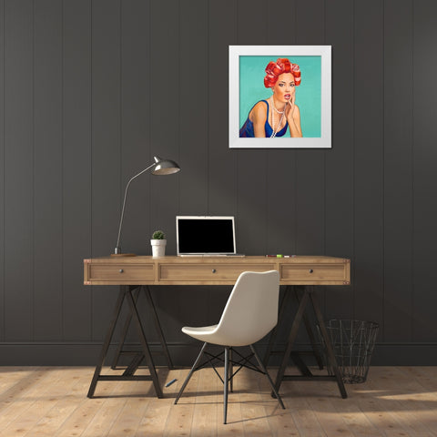 PIN UP GIRL WITH CURLERS White Modern Wood Framed Art Print by Atelier B Art Studio