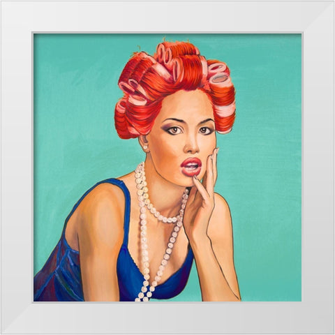 PIN UP GIRL WITH CURLERS White Modern Wood Framed Art Print by Atelier B Art Studio