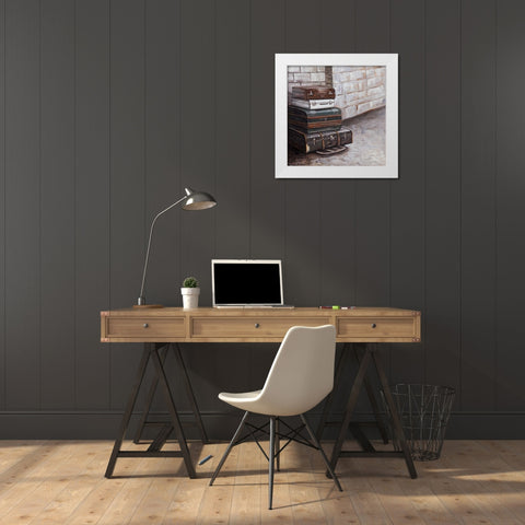 Four Old Traveling Suitcases White Modern Wood Framed Art Print by Atelier B Art Studio