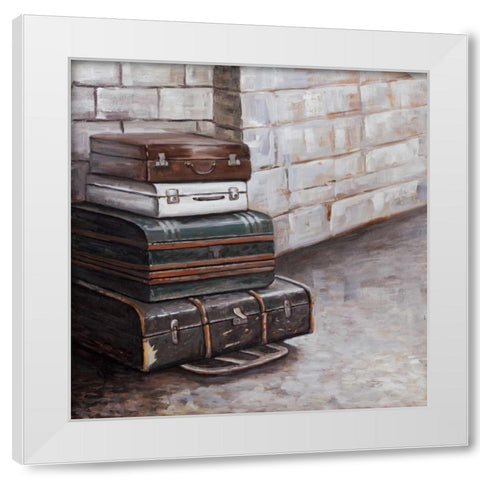 Four Old Traveling Suitcases White Modern Wood Framed Art Print by Atelier B Art Studio