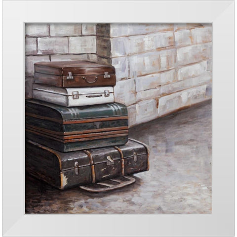 Four Old Traveling Suitcases White Modern Wood Framed Art Print by Atelier B Art Studio