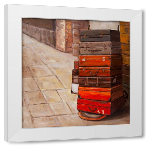 Old Traveling Suitcases White Modern Wood Framed Art Print by Atelier B Art Studio