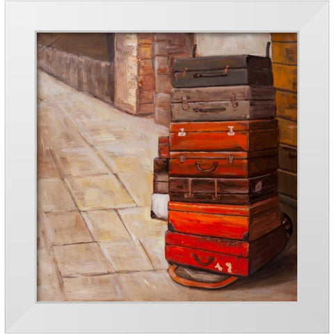 Old Traveling Suitcases White Modern Wood Framed Art Print by Atelier B Art Studio