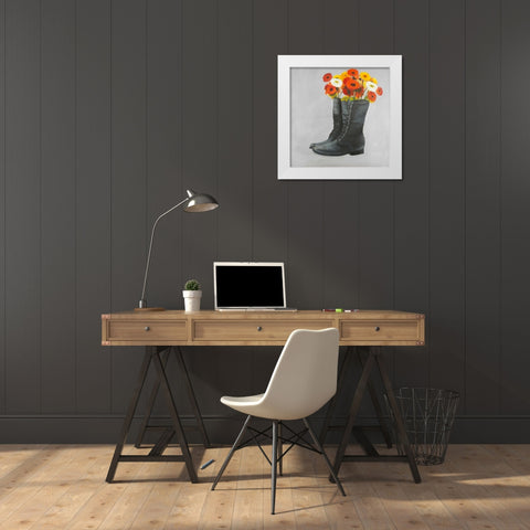 Boots with Daisy Flowers White Modern Wood Framed Art Print by Atelier B Art Studio