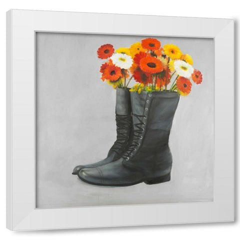 Boots with Daisy Flowers White Modern Wood Framed Art Print by Atelier B Art Studio