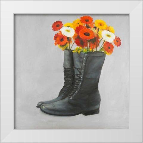 Boots with Daisy Flowers White Modern Wood Framed Art Print by Atelier B Art Studio