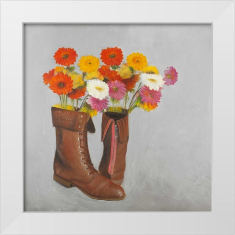 Leather Boots with Daisy Flowers White Modern Wood Framed Art Print by Atelier B Art Studio