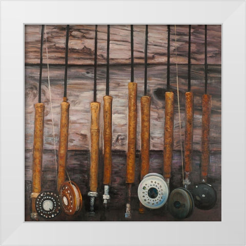FISHING RODS ON WOOD White Modern Wood Framed Art Print by Atelier B Art Studio
