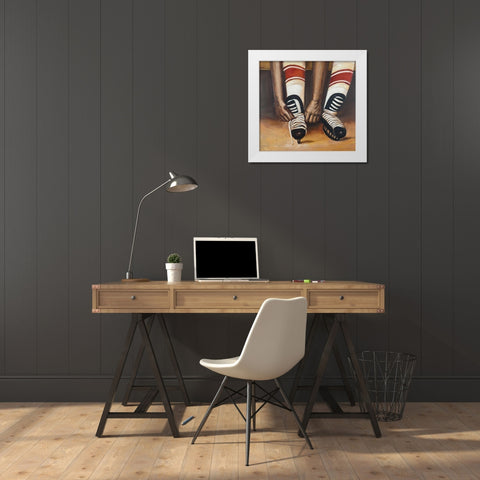 Hockey Player ties his Skates White Modern Wood Framed Art Print by Atelier B Art Studio