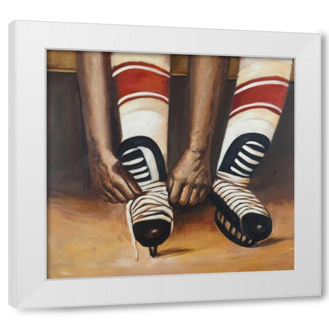 Hockey Player ties his Skates White Modern Wood Framed Art Print by Atelier B Art Studio