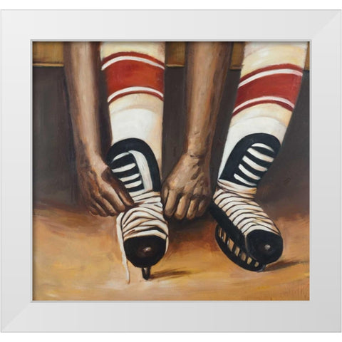 Hockey Player ties his Skates White Modern Wood Framed Art Print by Atelier B Art Studio