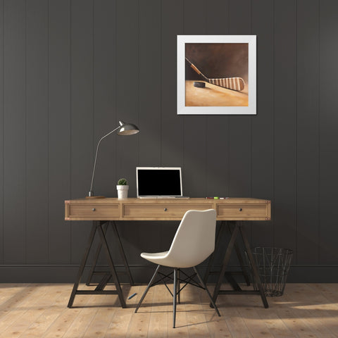 Stick and Hockey Puck White Modern Wood Framed Art Print by Atelier B Art Studio
