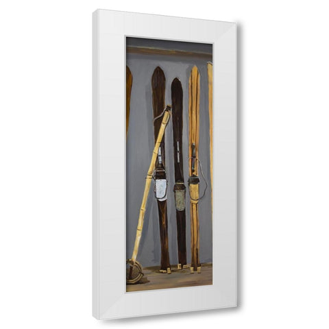 SKI POLES AND VINTAGE SKIS White Modern Wood Framed Art Print by Atelier B Art Studio