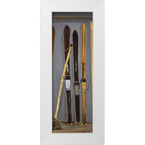 SKI POLES AND VINTAGE SKIS White Modern Wood Framed Art Print by Atelier B Art Studio