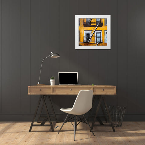 Building Old Fire Escape White Modern Wood Framed Art Print by Atelier B Art Studio