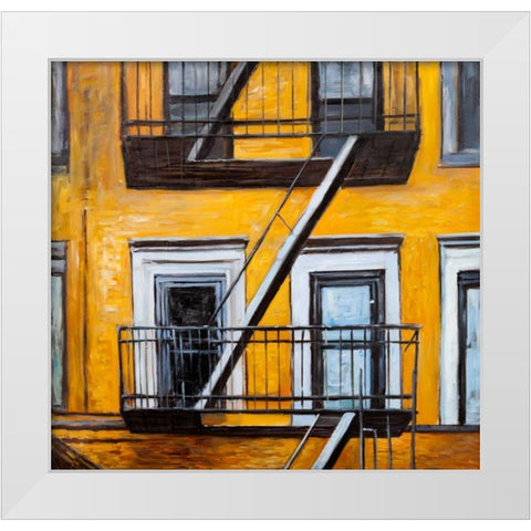 Building Old Fire Escape White Modern Wood Framed Art Print by Atelier B Art Studio