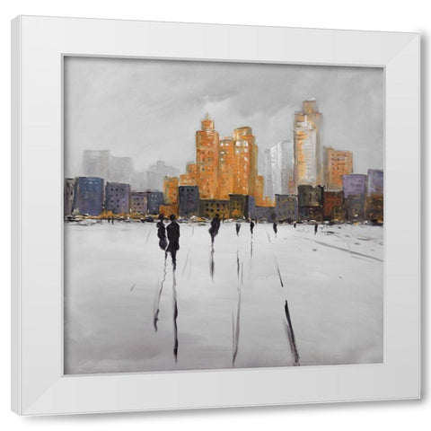 SILHOUETTES WALKING TOWARDS THE CITY White Modern Wood Framed Art Print by Atelier B Art Studio