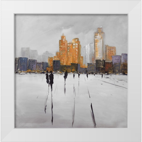 SILHOUETTES WALKING TOWARDS THE CITY White Modern Wood Framed Art Print by Atelier B Art Studio