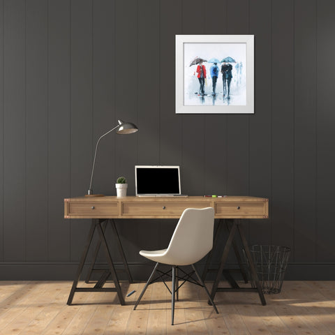 THREE PEOPLE AND THEIR UMBRELLA White Modern Wood Framed Art Print by Atelier B Art Studio