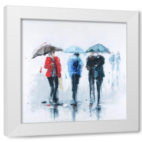 THREE PEOPLE AND THEIR UMBRELLA White Modern Wood Framed Art Print by Atelier B Art Studio